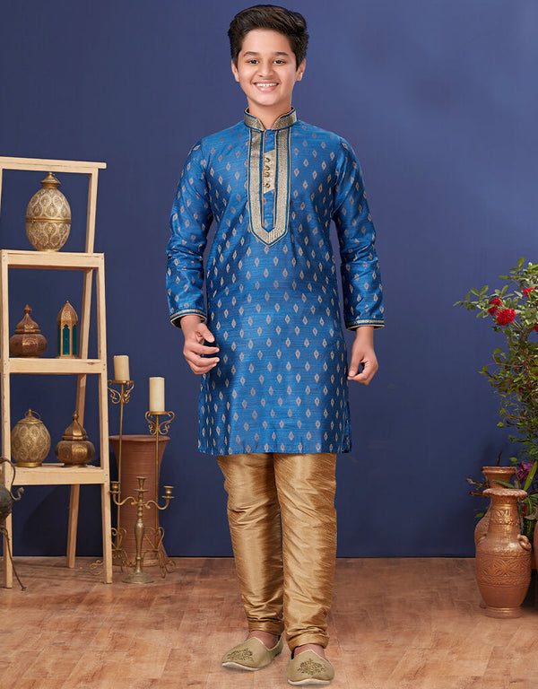 Blue Kurta Pajama Jacquard Silk