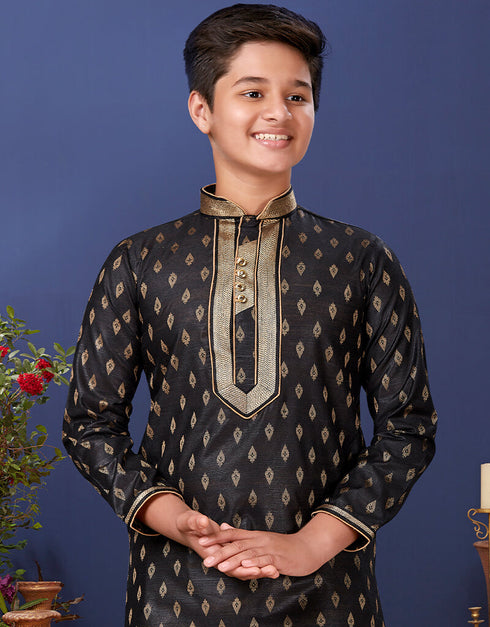 Black Kurta Pajama Jacquard Silk Closure View