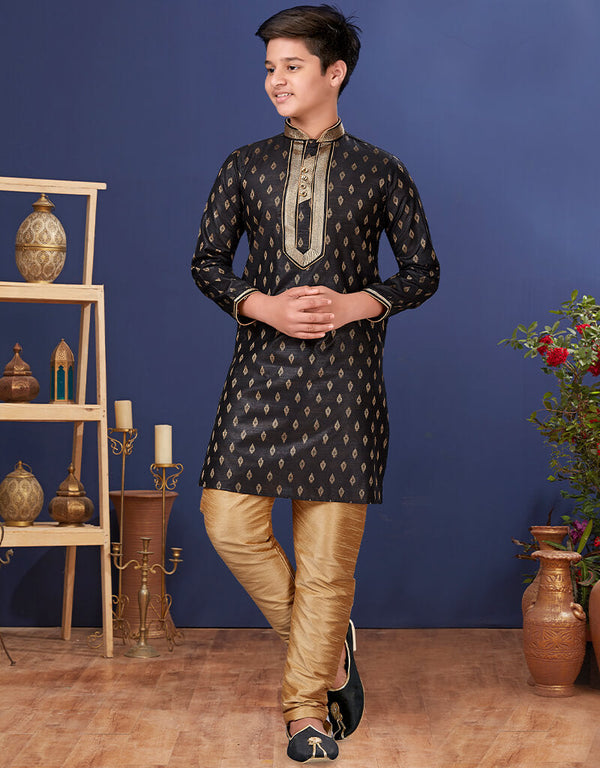 Black Kurta Pajama Jacquard Silk