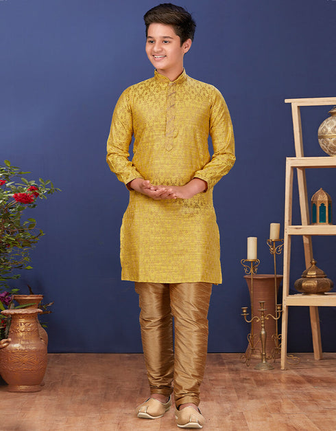 Yellow Kurta Pajama Jacquard Silk Closure View