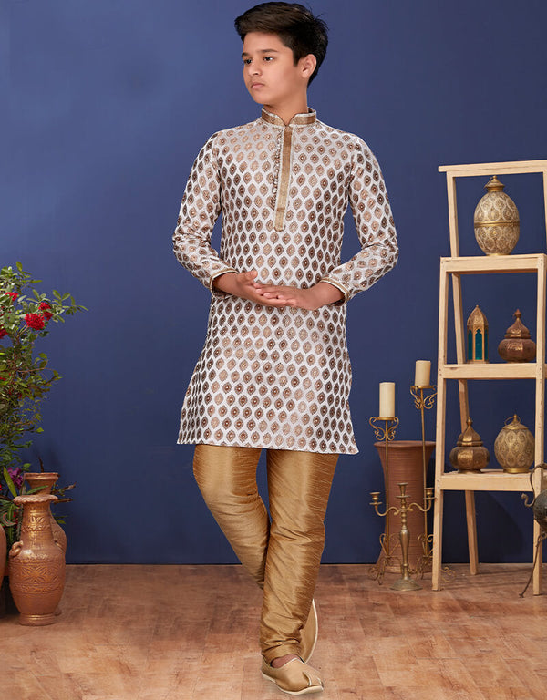 Off White Kurta Pajama Jacquard Silk