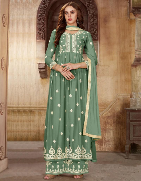 Light Green Palazzo style Suit Faux Georgette Salwar Kameez in Sequins Embroidery & Lace Work