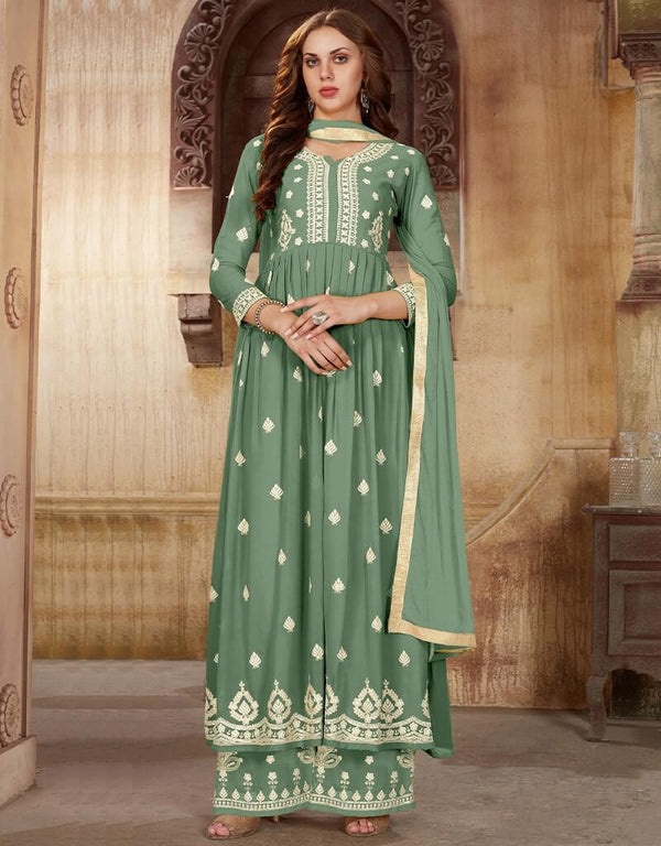 Light Green Palazzo style Suit Faux Georgette Salwar Kameez in Sequins Embroidery & Lace Work