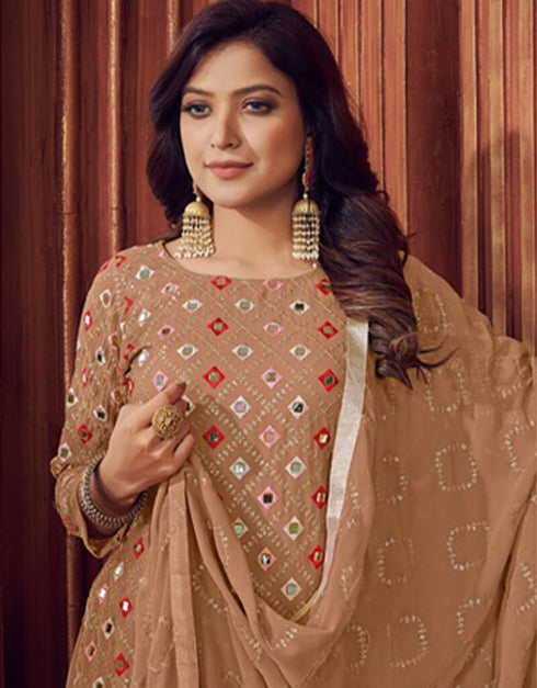 Beige Sharara style Salwar Kameez Faux Georgette Salwar Kameez in Embroidered, Sequins & Lace Work Closure View
