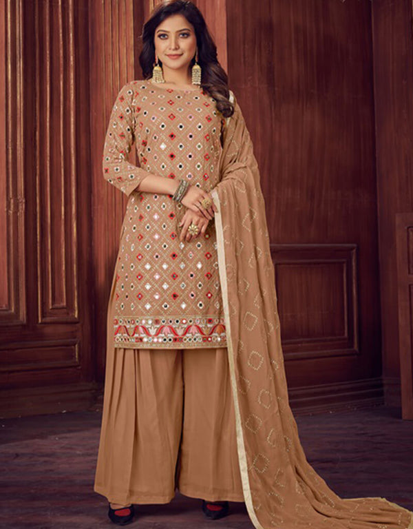Beige Sharara style Salwar Kameez Faux Georgette Salwar Kameez in Embroidered, Sequins & Lace Work