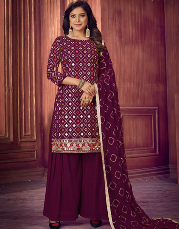 Pink Sharara style Salwar Kameez Faux Georgette Salwar Kameez in Embroidered, Sequins & Lace Work