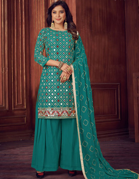 Blue Sharara style Salwar Kameez Faux Georgette Salwar Kameez in Embroidered, Sequins & Lace Work