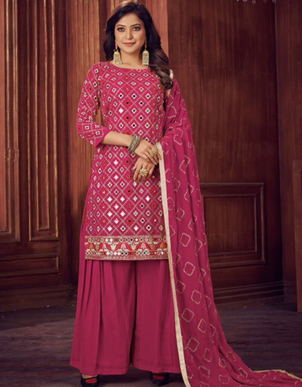 Rose Pink Sharara style Salwar Kameez Faux Georgette Salwar Kameez in Embroidered, Sequins & Lace Work