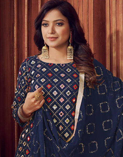 Navy Blue Sharara style Salwar Kameez Faux Georgette Salwar Kameez in Embroidered, Sequins & Lace Work Closure View