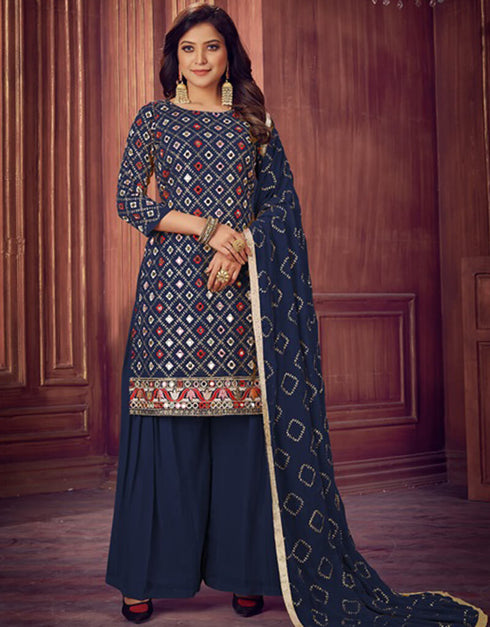 Navy Blue Sharara style Salwar Kameez Faux Georgette Salwar Kameez in Embroidered, Sequins & Lace Work