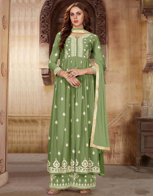 Olive Palazzo style Suit Faux Georgette Salwar Kameez in Sequins Embroidery & Lace Work Closure View
