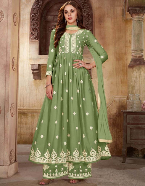 Olive Palazzo style Suit Faux Georgette Salwar Kameez in Sequins Embroidery & Lace Work