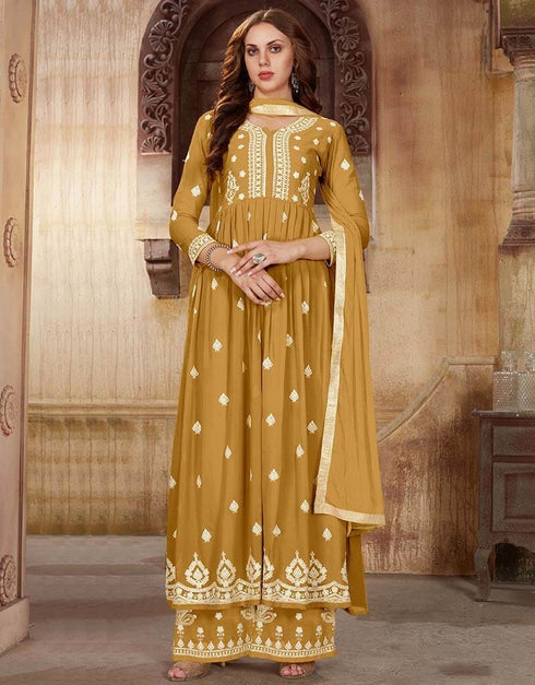 Mustard Yellow Palazzo style Suit Faux Georgette Salwar Kameez in Sequins Embroidery & Lace Work Closure View
