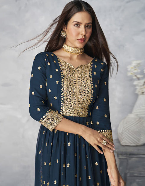 Blue Sharara style Salwar Kameez Faux Georgette Salwar Kameez in Embroidered, Sequins & Lace Work Closure View