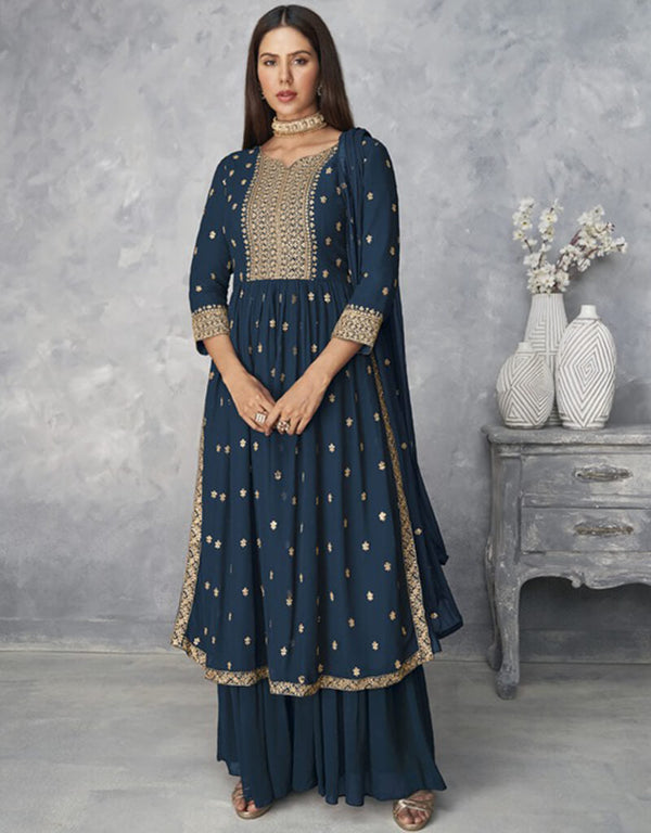 Blue Sharara style Salwar Kameez Faux Georgette Salwar Kameez in Embroidered, Sequins & Lace Work