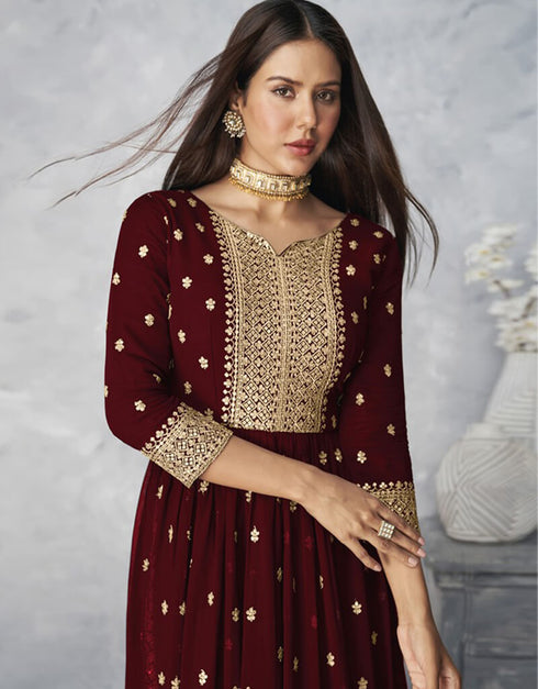 Maroon Sharara style Salwar Kameez Faux Georgette Salwar Kameez in Embroidered, Sequins & Lace Work Closure View