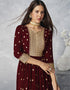 Maroon Sharara style Salwar Kameez Faux Georgette Salwar Kameez in Embroidered, Sequins & Lace Work Closure View