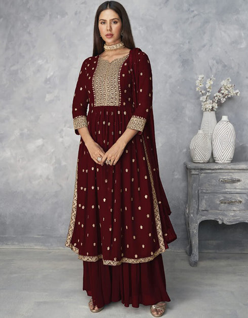 Maroon Sharara style Salwar Kameez Faux Georgette Salwar Kameez in Embroidered, Sequins & Lace Work
