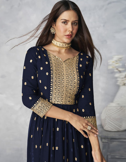 Navy Blue Sharara style Salwar Kameez Faux Georgette Salwar Kameez in Embroidered, Sequins & Lace Work Closure View