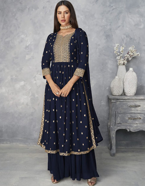 Navy Blue Sharara style Salwar Kameez Faux Georgette Salwar Kameez in Embroidered, Sequins & Lace Work