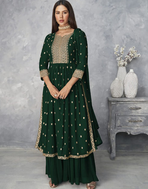 Green Sharara style Salwar Kameez Faux Georgette Salwar Kameez in Embroidered, Sequins & Lace Work