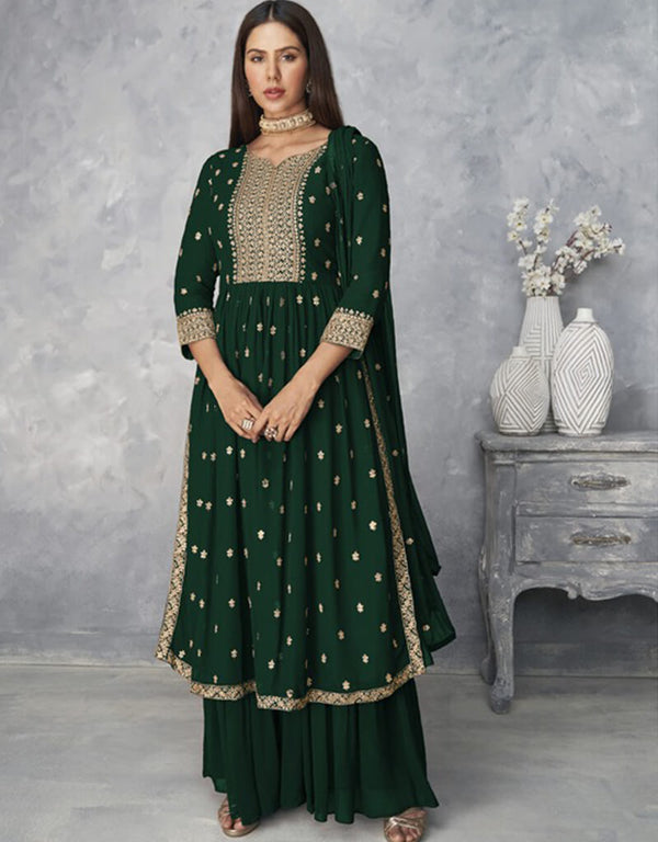 Green Sharara style Salwar Kameez Faux Georgette Salwar Kameez in Embroidered, Sequins & Lace Work
