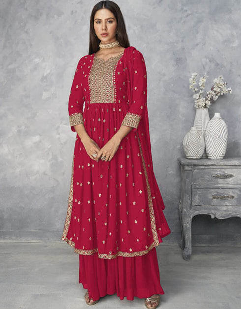 Pink Sharara style Salwar Kameez Faux Georgette Salwar Kameez in Embroidered, Sequins & Lace Work