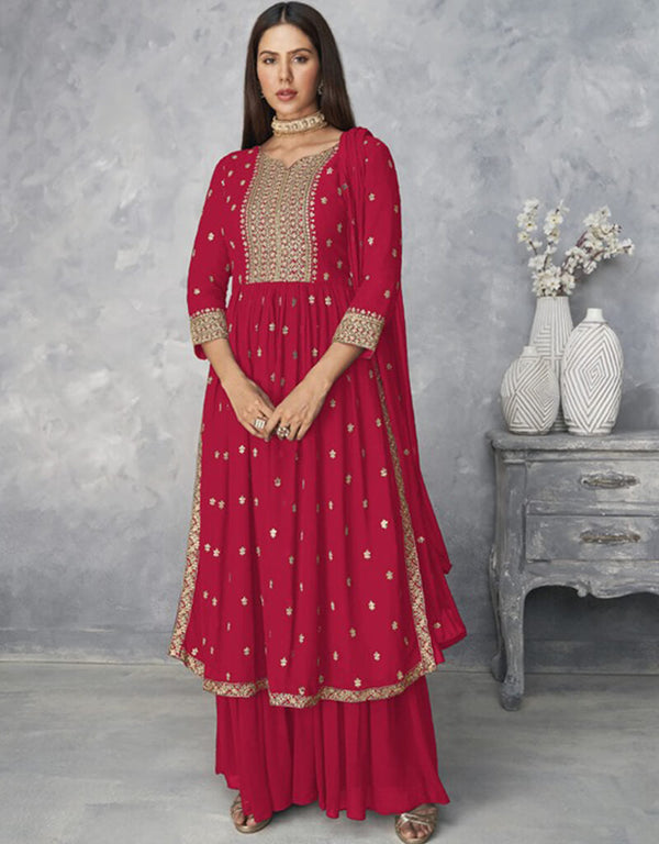 Pink Sharara style Salwar Kameez Faux Georgette Salwar Kameez in Embroidered, Sequins & Lace Work