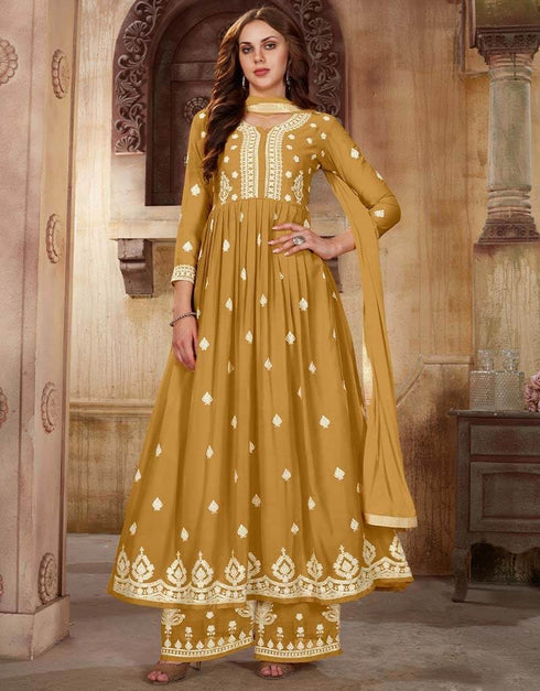 Mustard Yellow Palazzo style Suit Faux Georgette Salwar Kameez in Sequins Embroidery & Lace Work