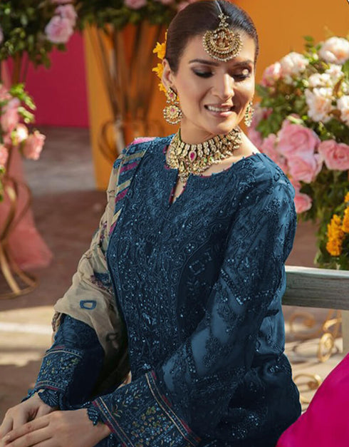 Blue Lehenga style Salwar Kameez Georgette Salwar Kameez in Embroidered, Stones & Lace Work Closure View