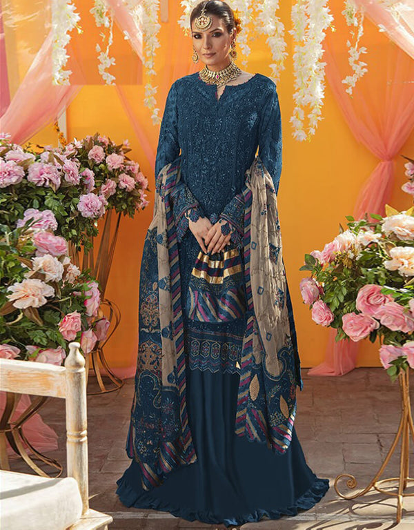 Blue Lehenga style Salwar Kameez Georgette Salwar Kameez in Embroidered, Stones & Lace Work