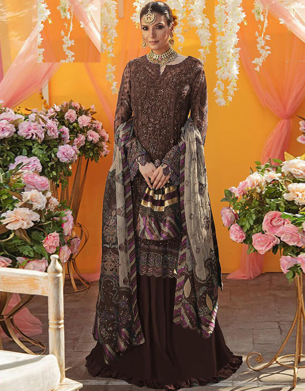 Brown Lehenga style Salwar Kameez Georgette Salwar Kameez in Embroidered, Stones & Lace Work