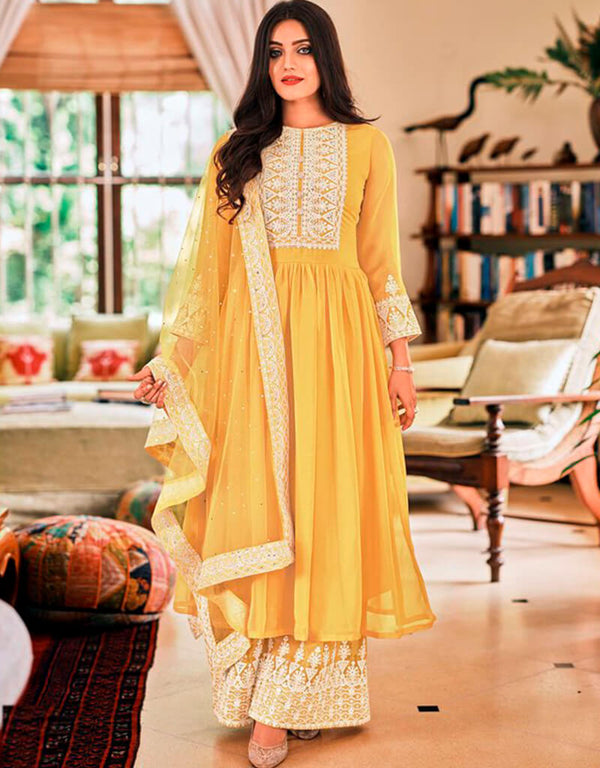 Yellow Sharara style Suits Georgette Salwar Kameez in Embroidery & Lace Work
