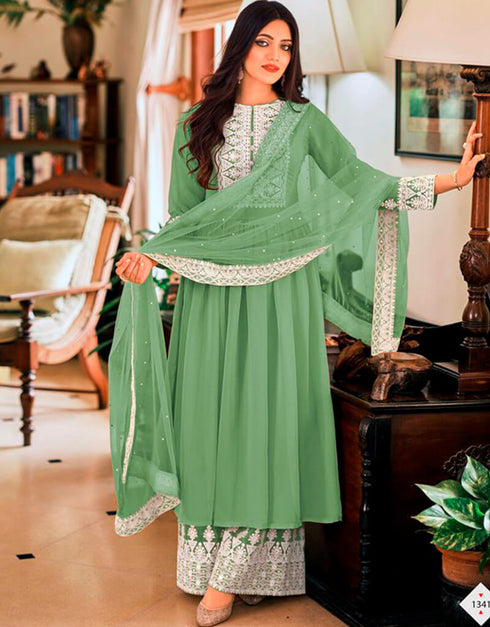 Green Sharara style Suits Georgette Salwar Kameez in Embroidery & Lace Work