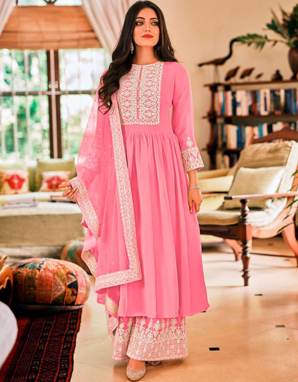 Pink Sharara style Suits Georgette Salwar Kameez in Embroidery & Lace Work