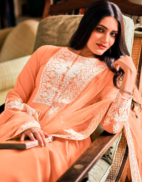Orange Sharara style Suits Georgette Salwar Kameez in Embroidery & Lace Work Closure View