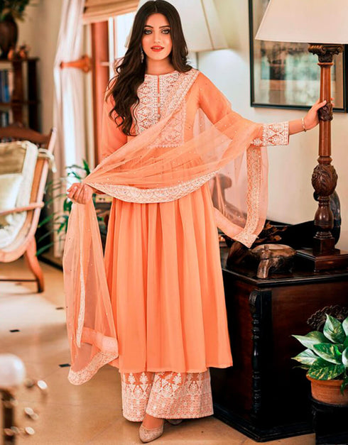 Orange Sharara style Suits Georgette Salwar Kameez in Embroidery & Lace Work