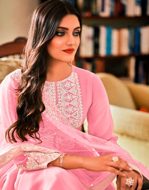 Rose Pink Sharara style Suits Georgette Salwar Kameez in Embroidery & Lace Work Closure View