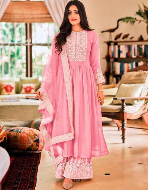 Rose Pink Sharara style Suits Georgette Salwar Kameez in Embroidery & Lace Work