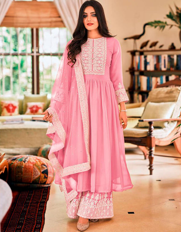 Rose Pink Sharara style Suits Georgette Salwar Kameez in Embroidery & Lace Work