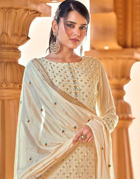 Beige Pant style Suits Pure Viscose Bamberg Georgette Salwar Kameez in Embroidery, Sequins & Lace Work Closure View