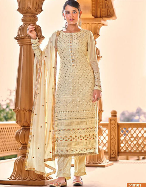 Beige Pant style Suits Pure Viscose Bamberg Georgette Salwar Kameez in Embroidery, Sequins & Lace Work
