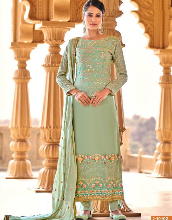 Green Pant style Suits Pure Viscose Bamberg Georgette Salwar Kameez in Embroidery, Sequins & Lace Work