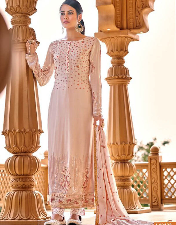 Rose Pink Pant style Suits Pure Viscose Bamberg Georgette Salwar Kameez in Embroidery, Sequins & Lace Work