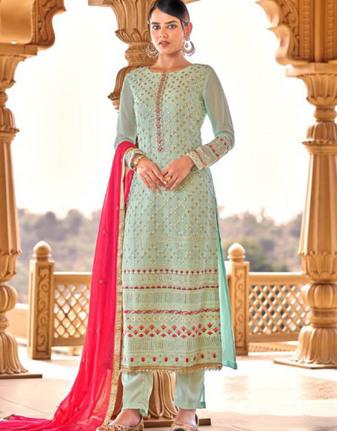 Cream Pant style Suits Pure Viscose Bamberg Georgette Salwar Kameez in Embroidery, Sequins & Lace Work