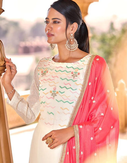 Sky Blue Pant style Suits Pure Viscose Bamberg Georgette Salwar Kameez in Embroidery, Sequins & Lace Work Closure View