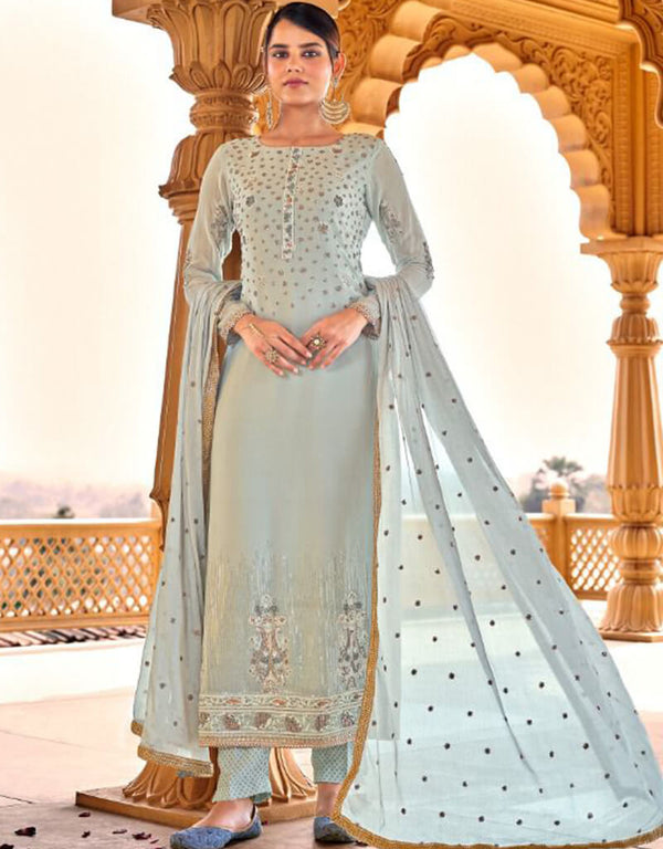 White Pant style Suits Pure Viscose Bamberg Georgette Salwar Kameez in Embroidery, Sequins & Lace Work
