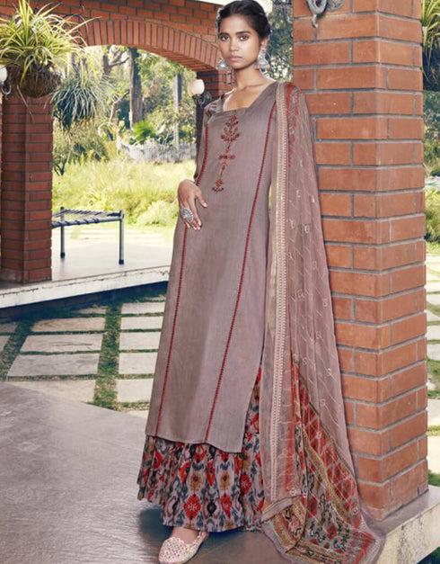 Brown Sharara style Suit Pure Jam Satin Salwar Kameez in Embroidery, Digital Print & Lace Work