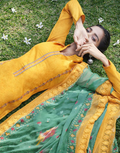 Yellow Pant style Suit Pure Jam Satin Salwar Kameez in Embroidery, Digital Print & Lace Work Closure View