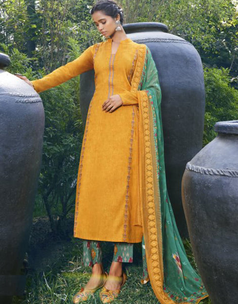 Yellow Pant style Suit Pure Jam Satin Salwar Kameez in Embroidery, Digital Print & Lace Work